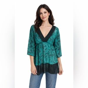 Vanity Y2K Green Boho Peasant Tunic Top V-Neck Flowy Blouse
